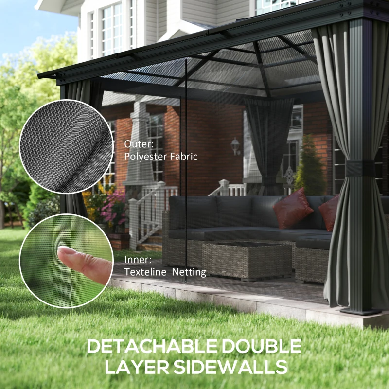 Outsunny 12' x 15' Hardtop Gazebo Canopy with Polycarbonate Roof, Aluminum Frame, Netting, Curtains and Ceiling Hook, Dark Grey