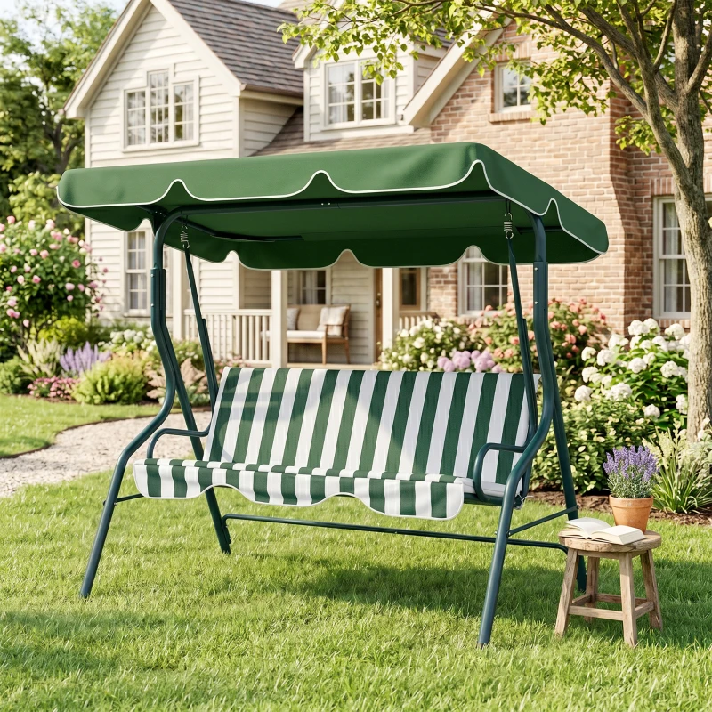Outsunny Outdoor Porch Swing with Adjustable Canopy, 3-Seater Patio Swing Chair with Cushion, Green