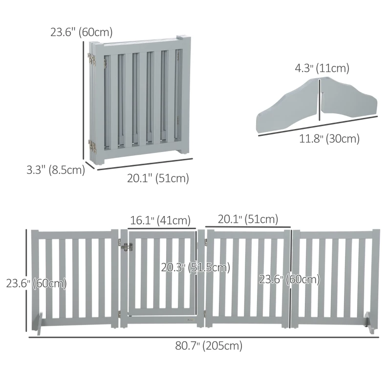 PawHut 23.5"H Foldable Dog Gate with Door, 4 Panels Freestanding Pet Gate Barriers Indoor with Support Feet, Puppy Fence for Dogs, Grey