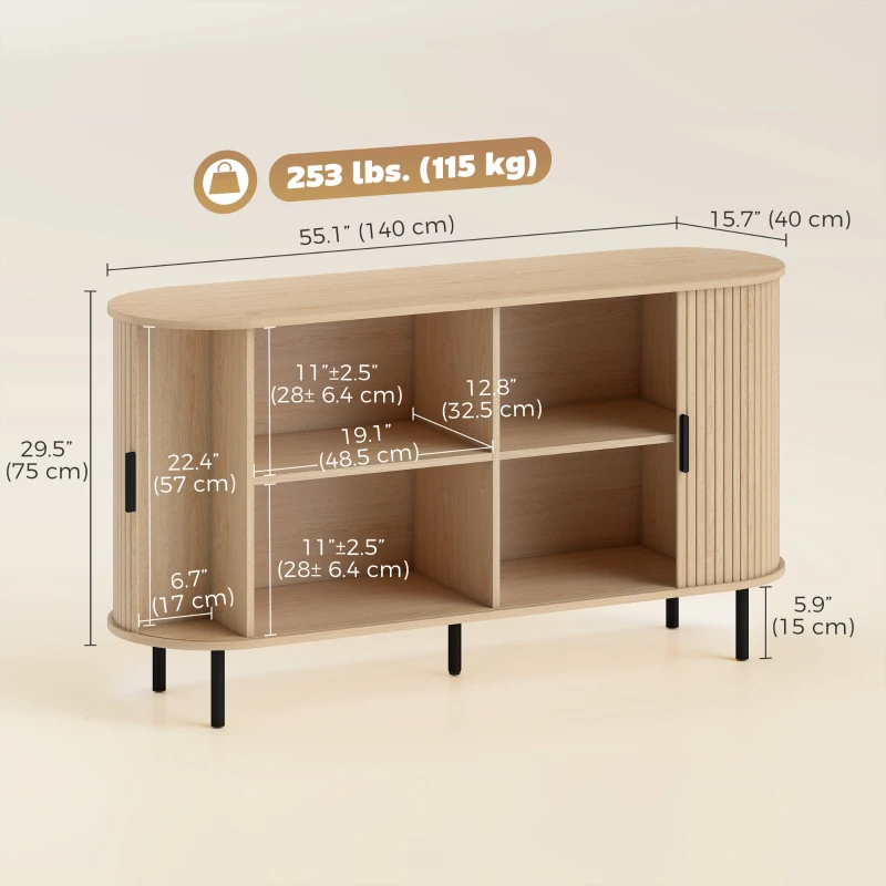 HOMCOM Fluted Sideboard Buffet Cabinet, 55" Mid Century Coffee Bar Cabinet with Sliding Doors and Adjustable Shelves, Natural