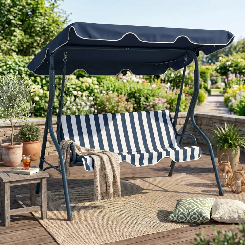 Outsunny Outdoor Porch Swing with Adjustable Canopy, 3-Seater Patio Swing Chair with Cushion, Blue