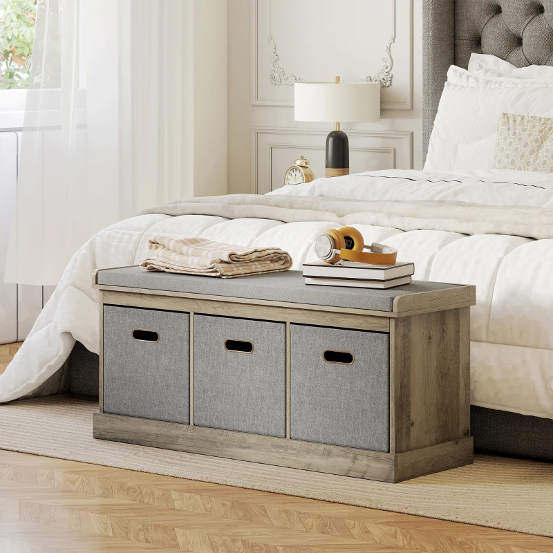 HOMCOM Shoe Storage Bench with Seat, Entryway Bench Seat with Cushion, 3 Fabric Drawers for Hallway, Washed Grey