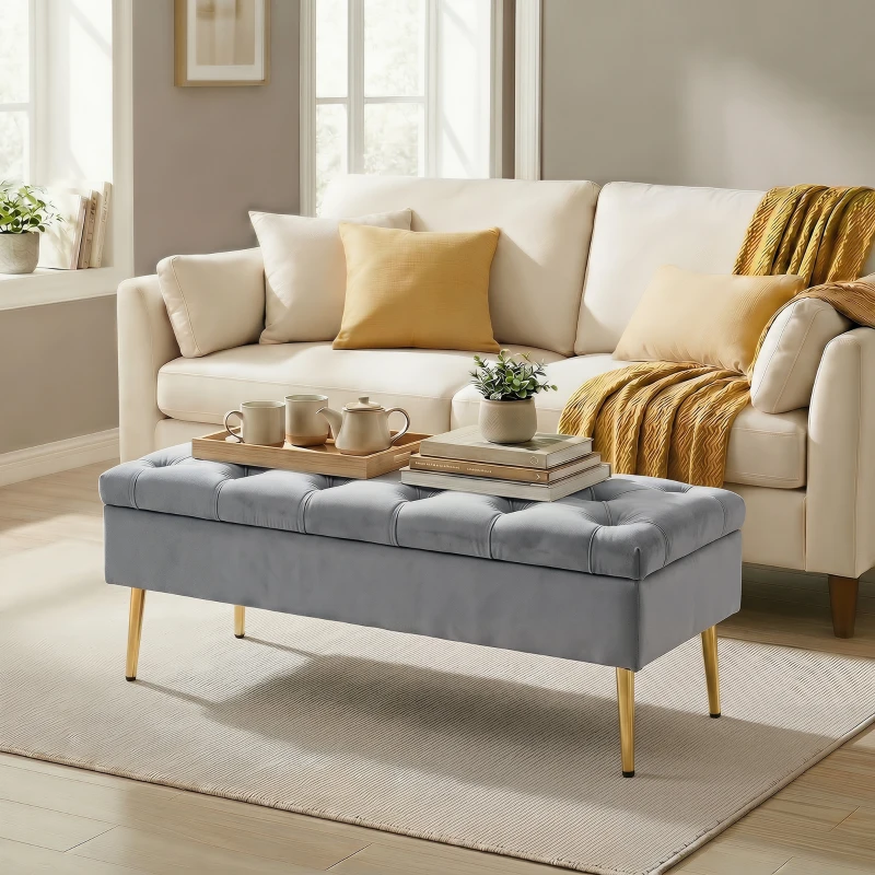 HOMCOM Upholstered Bedroom Bench with Gold Tone Metal Legs, Velvet Tufted and Thick Padding, Grey