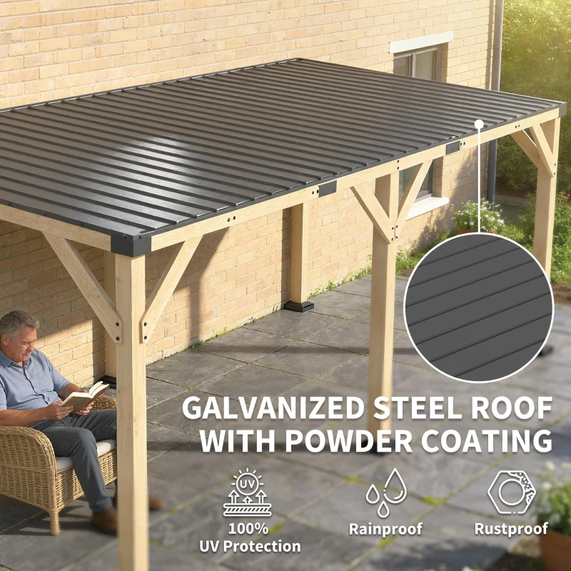 Outsunny 10' x 20' Wooden Gazebo, Hardtop Lean-to Gazebo Pergola with Galvanized Steel Sloped Roof, Light Walnut