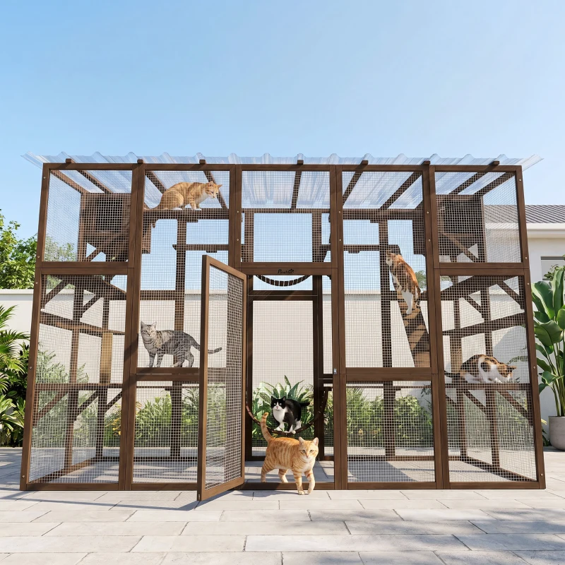 PawHut Catio Playground Cat Window Box Outside Enclosure for Multiple Cats w/ Shelves & Bridges, Coffee Brown