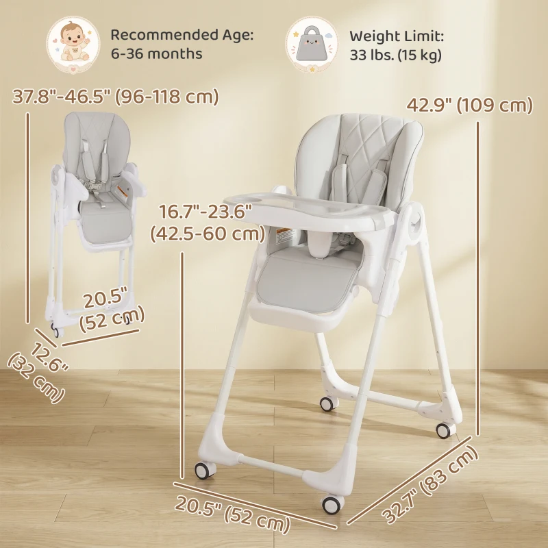Qaba High Chair with Wheels, Double Tray, Foldable Baby Seat with Adjustable Seat Height, Backrest, Footrest and Tray, Grey