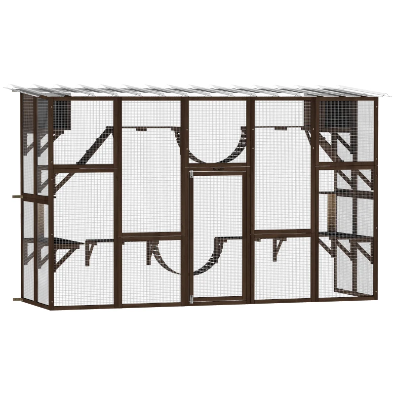 PawHut Catio Playground Cat Window Box Outside Enclosure for Multiple Cats w/ Shelves & Bridges, Coffee Brown