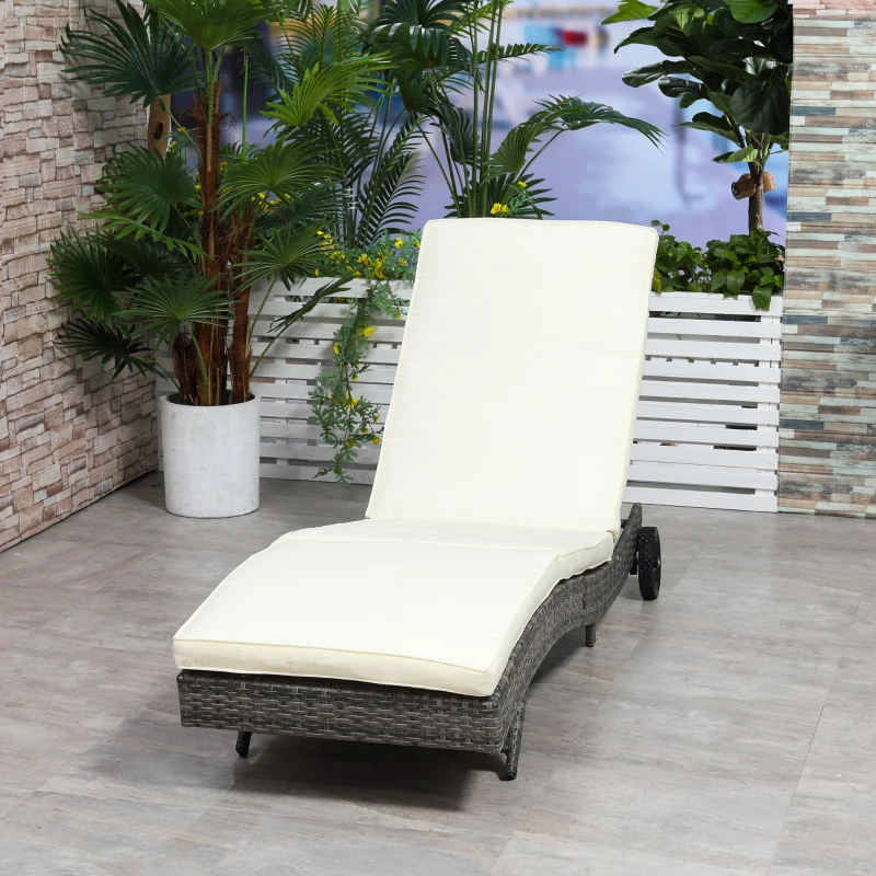 Outsunny Outdoor Adjustable Wicker Chaise Lounge Chair with Cushion & Wheels for Patio, Deck, Poolside, Cream White