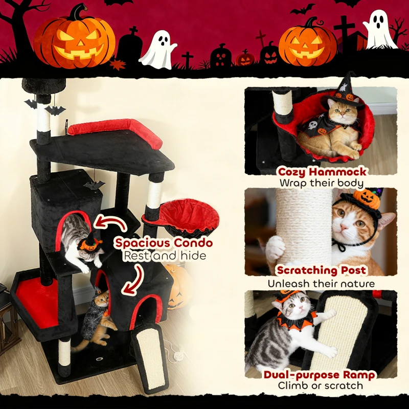 PawHut 78" Gothic Cat Tree, Cat Tower with Coffin Bed, 2 Spacious Condos, Sisal Scratching Posts, Bat Hanging Balls, Halloween