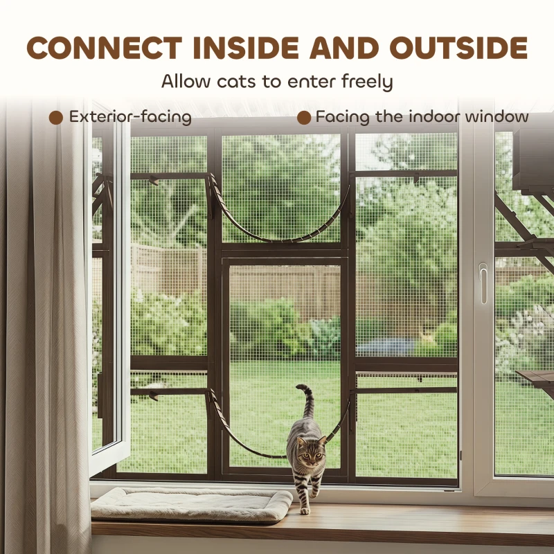 PawHut Catio Playground Cat Window Box Outside Enclosure for Multiple Cats w/ Shelves & Bridges, Coffee Brown