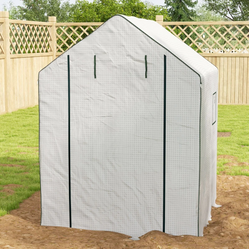 Outsunny Portable Greenhouse, Walk-In Small Outdoor Green House with 2 Tier U-Shaped Flower Rack Shelves, 4.6' x 4.7', White