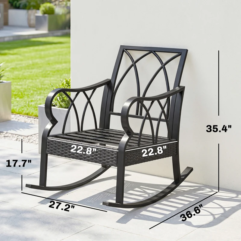 Outsunny Outdoor Wicker Rocking Chair with Padded Cushions, Aluminum Furniture, Rattan Porch Rocker Chair w/ Armrest, Navy Blue
