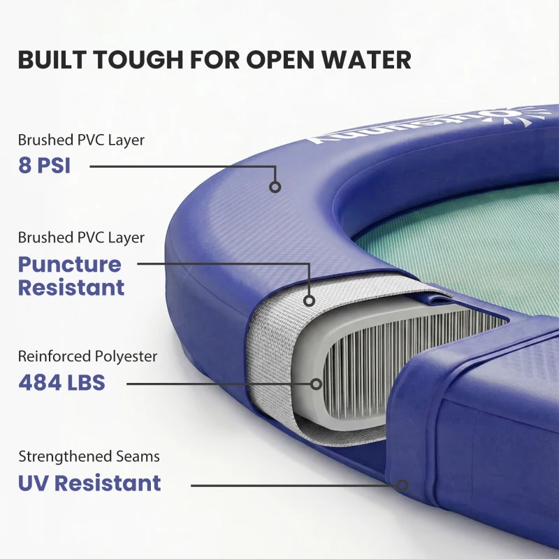 Outsunny 8FT Inflatable Water Hammock Floating Ring, Inflatable Floating Dock Platform for for Lakes, Pools, Oceans, Blue