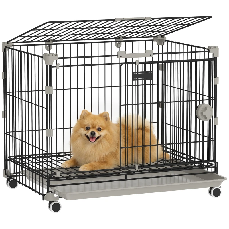 PawHut Dog Crate, 24 Inch Metal Dog Cage with Removable Tray, Lockable Wheels, 2 Doors for Small Breeds, Black