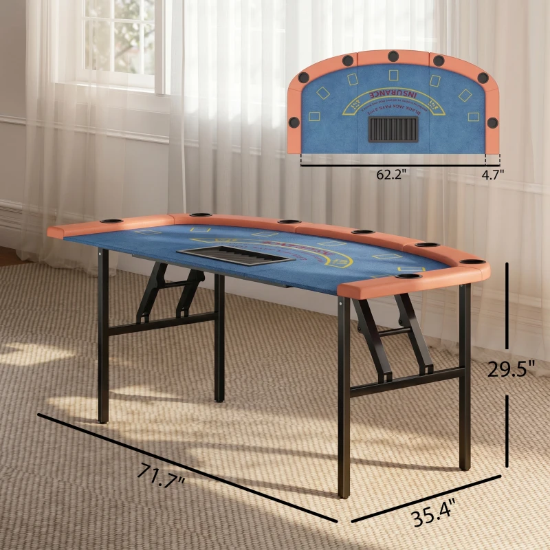 Soozier Poker Table Foldable, 72" Portable Casino Blackjack Table for 8 Players with Felt Surface, Cup Holders, Blue