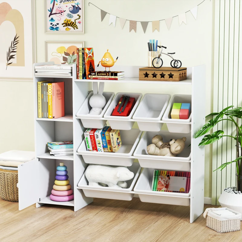 Qaba Kids Bookshelf and Toy Storage Organizer, Children Bookcase with 8 Removable Bins, Cabinet for Playroom, Kids Room, Nursery, White