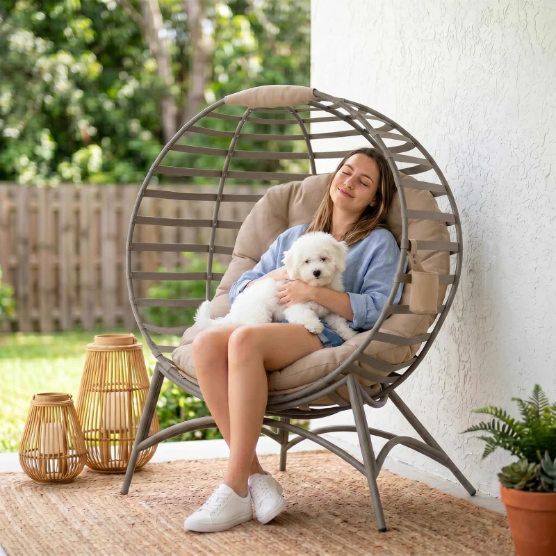 Outsunny Egg Chair, Patio Lounge Chair, Foldable Basket Chair with Large Seat Cushion, Side Pocket, Sand