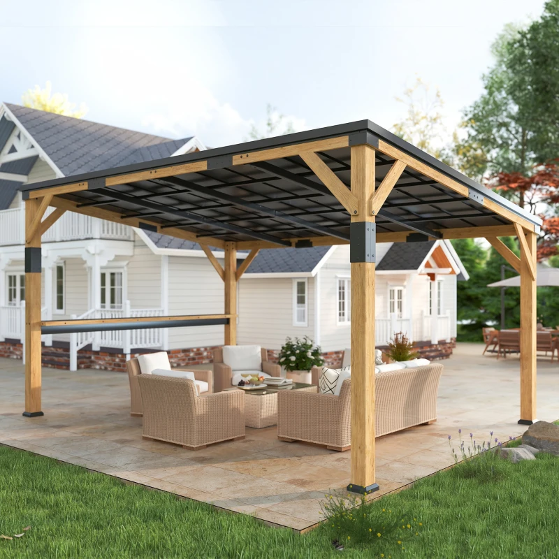 Outsunny 10' x 14' Wooden Gazebo, Hardtop Lean-to Gazebo Pergola with Galvanized Steel Sloped Roof, Bar Shelf, Natural Wood