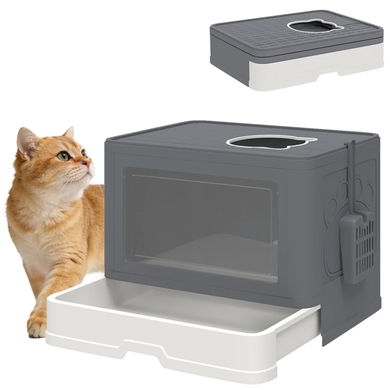 PawHut Cat Litter Box, Front Enter & Top Exit Cat Litter Tray with Scoop, Pull-out Tray, Easy to Clean, Grey