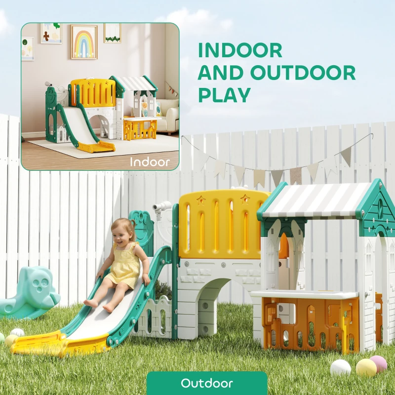 Qaba 7-in-1 Toddler Slide, Kids Slide Climber Playset with Playhouse and Basketball Hoop for 1-4 Years, Yellow