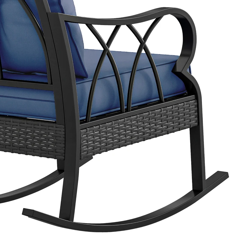 Outsunny Outdoor Wicker Rocking Chair with Padded Cushions, Aluminum Furniture, Rattan Porch Rocker Chair w/ Armrest, Navy Blue