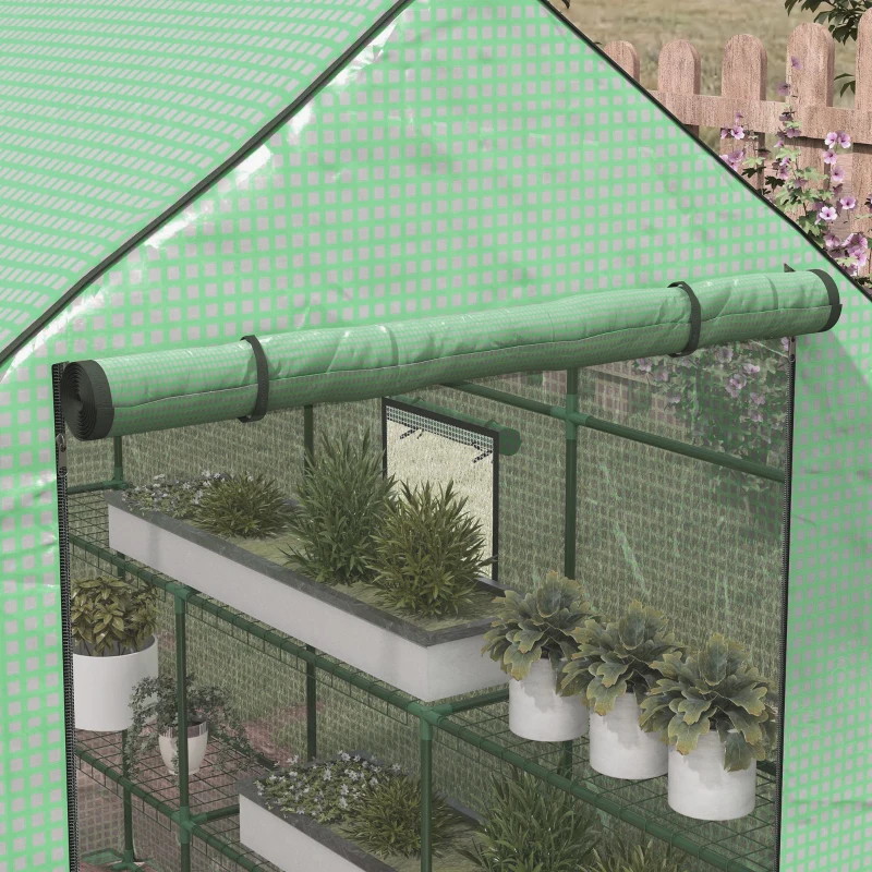 Outsunny Portable Greenhouse, Walk-In Small Outdoor Green House with 2 Tier U-Shaped Flower Rack Shelves, 4.6' x 4.7', Green