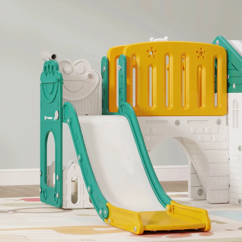 Qaba 7-in-1 Toddler Slide, Kids Slide Climber Playset with Playhouse and Basketball Hoop for 1-4 Years, Yellow