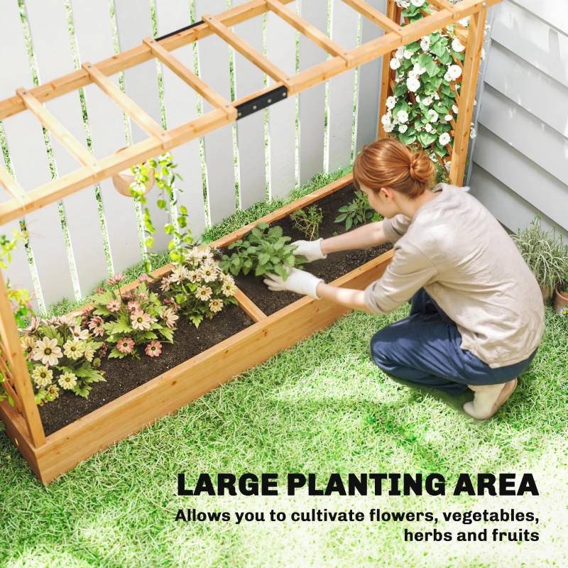 Outsunny Wooden Planter Box with Trellis, Hanging Roof and Drainage Holes for Climbing Plants, Vegetables, Herbs and Flowers