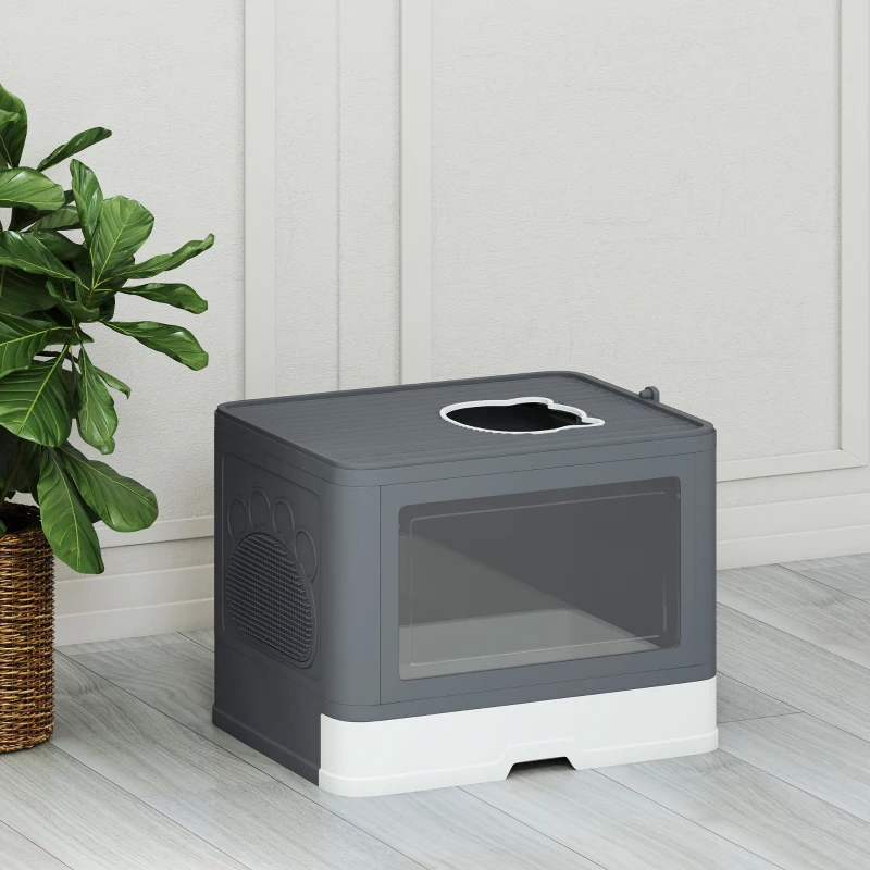 PawHut Cat Litter Box, Front Enter & Top Exit Cat Litter Tray with Scoop, Pull-out Tray, Easy to Clean, Grey