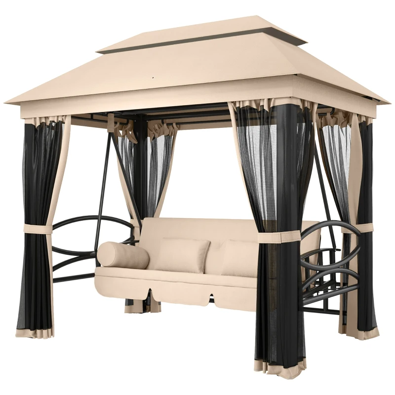 Outsunny 3-Seat Patio Swing Chair, Outdoor Gazebo Swing with Double Tier Canopy, Mesh Sidewalls, Cushioned Seat and Pillows, Beige