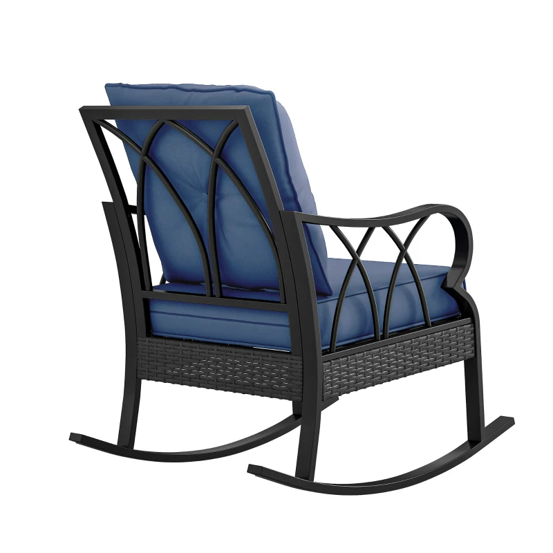 Outsunny Outdoor Wicker Rocking Chair with Padded Cushions, Aluminum Furniture, Rattan Porch Rocker Chair w/ Armrest, Navy Blue