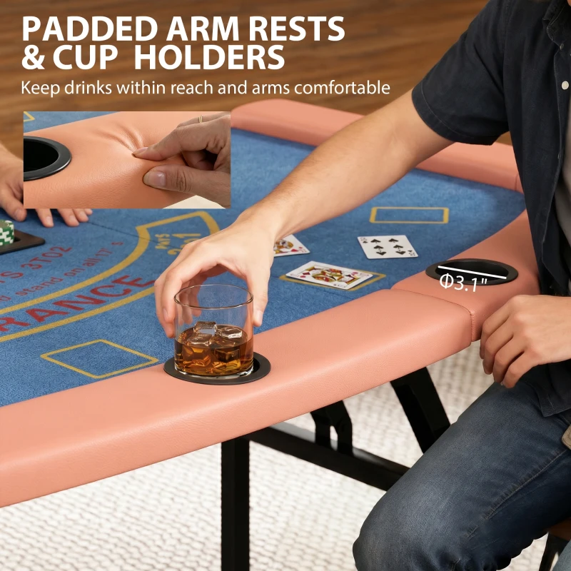 Soozier Poker Table Foldable, 72" Portable Casino Blackjack Table for 8 Players with Felt Surface, Cup Holders, Blue