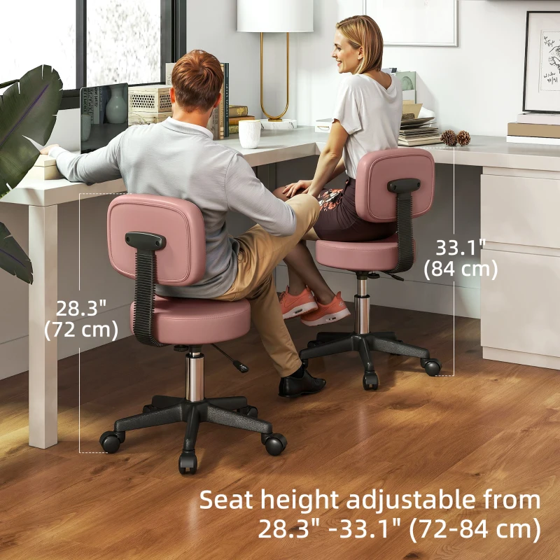 HOMCOM Rolling Stool with Wheels, Swivel Stool with Back Support, Adjustable Height, PU Leather Swivel Chair, Pink