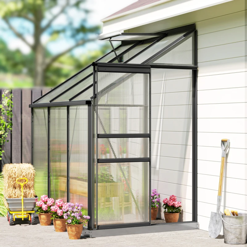Outsunny Aluminum Lean-to Greenhouse Polycarbonate Walk-in Greenhouse with Rain Gutter and Sliding Door, 6' x 4', Dark Grey