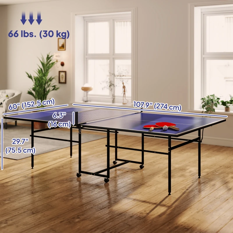 Soozier Full Size Table Tennis Table, Folding Ping Pong Table with Net, Paddles, Balls and Wheels, Blue