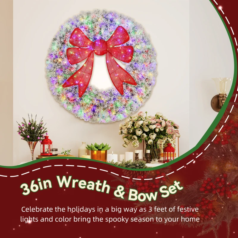 HOMCOM 36in Flocked Pre-Lit Christmas Wreath with 3D Red Bow, 11 Lighting Modes, Front Door Christmas Wreath with Remote