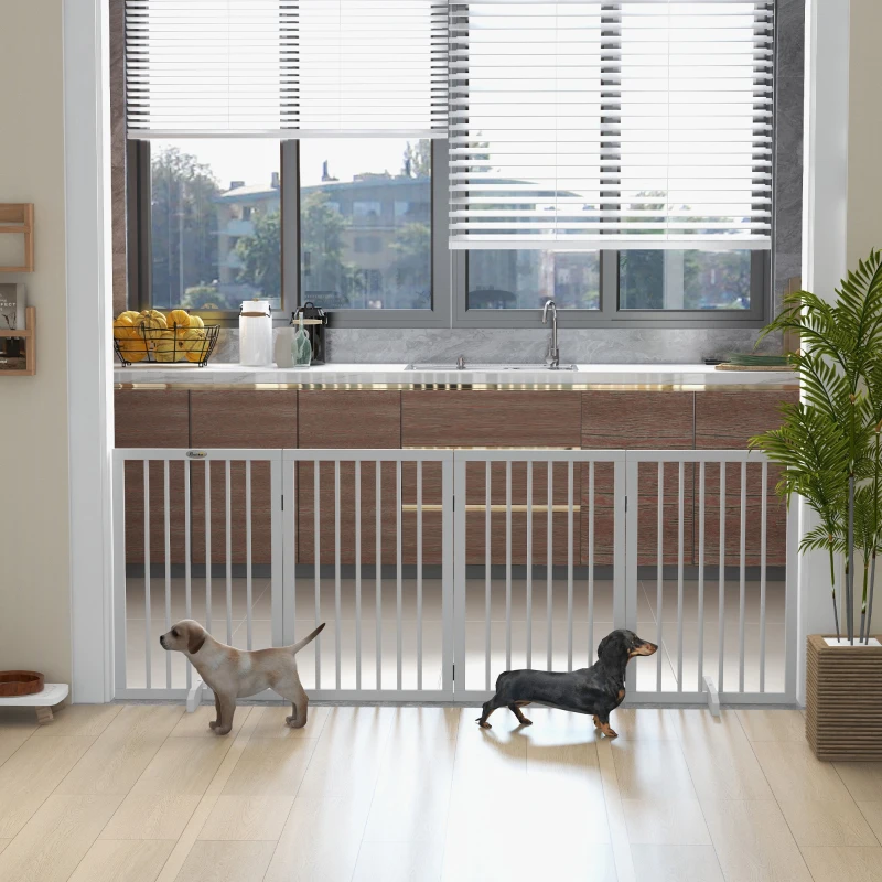 PawHut Free Standing Pet Gate, Foldable Dog Gates with 2 Support Feet, 4 Panels for Doorway Stairs, White