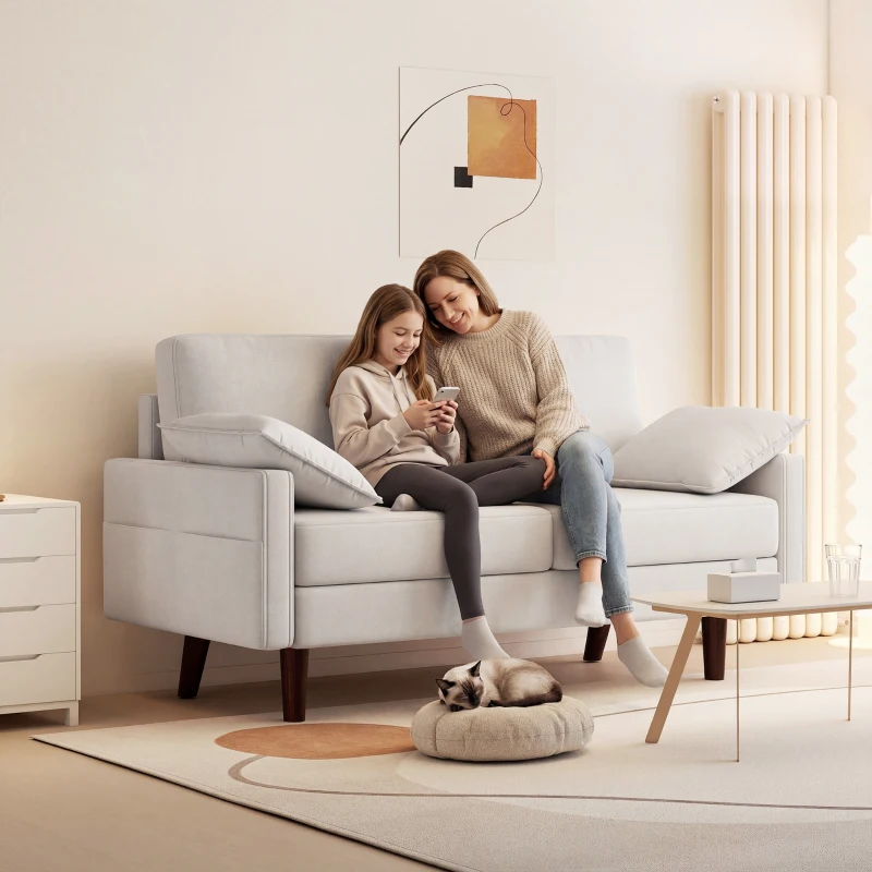 HOMCOM 3 Seater Sofa, Velvet Upholstered Couch with Spring Cushions, Rubber Wood Legs and 2 Pillows, Cream White