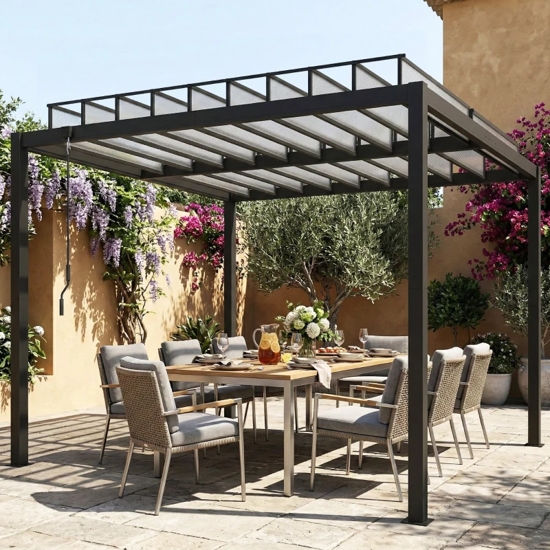 Outsunny 9.5 x 10 ft Louvered Pergola with PC Roof, Aluminium Outdoor Pergola Gazebo with Drainage Gutters, Handle, Clear