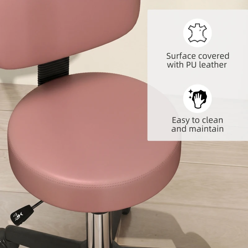 HOMCOM Rolling Stool with Wheels, Swivel Stool with Back Support, Adjustable Height, PU Leather Swivel Chair, Pink