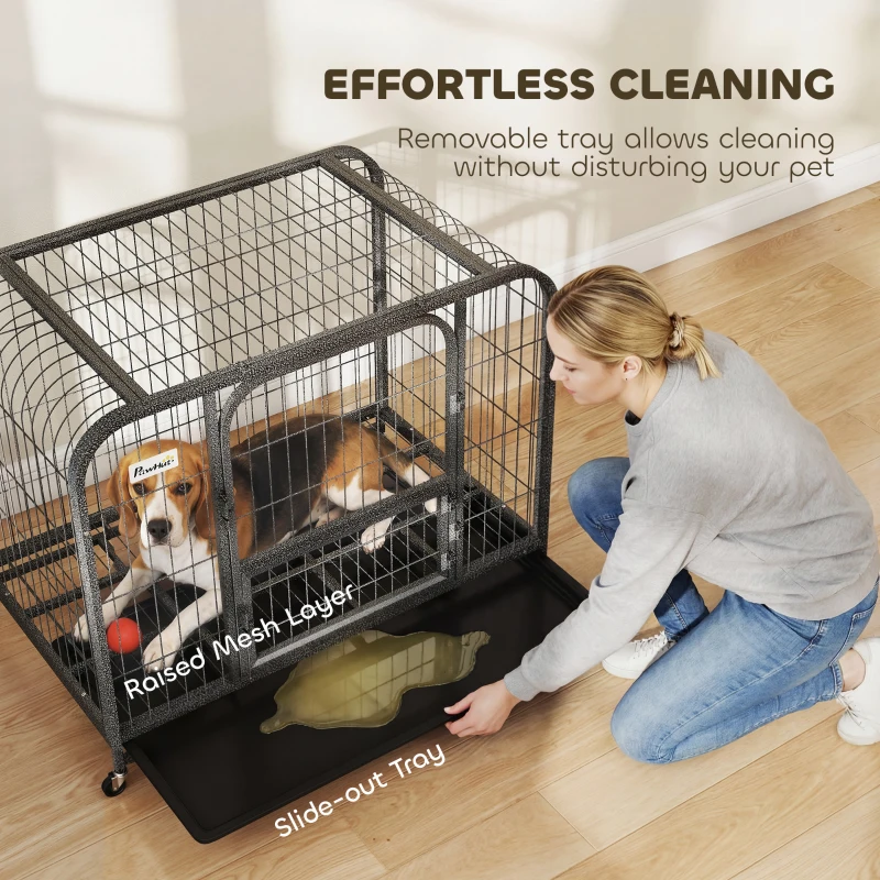 PawHut 37 Inch Heavy Duty Dog Crate, Large Metal Dog Cage with Lockable Wheels and Removable Tray