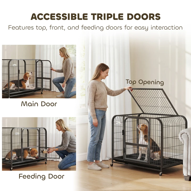 PawHut 37 Inch Heavy Duty Dog Crate, Large Metal Dog Cage with Lockable Wheels and Removable Tray