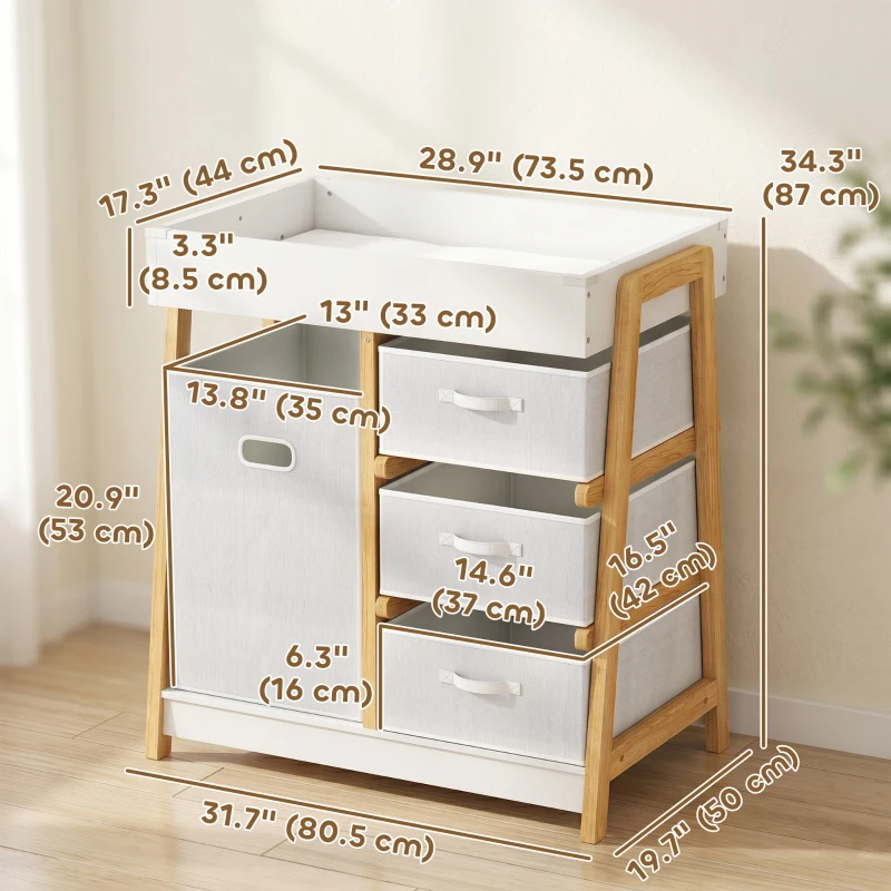 Qaba Baby Changing Table, Diaper Changing Station with Waterproof Pad, 3 Drawers and Large Basket for Newborn & Infant, White