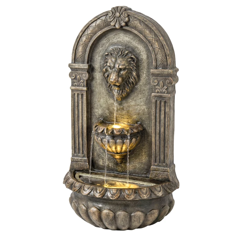 Outsunny Wall-Mounted 3-Tier Outdoor Fountain, Resin Cascading Waterfall with LED Lights and Adjustable Flow, Rustic Brown