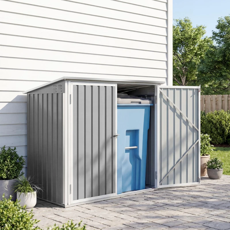Outsunny Outdoor Metal Storage Shed Garden Garbage Can Organizer with Double Door and Vents for 2 Trash Cans, Light Grey