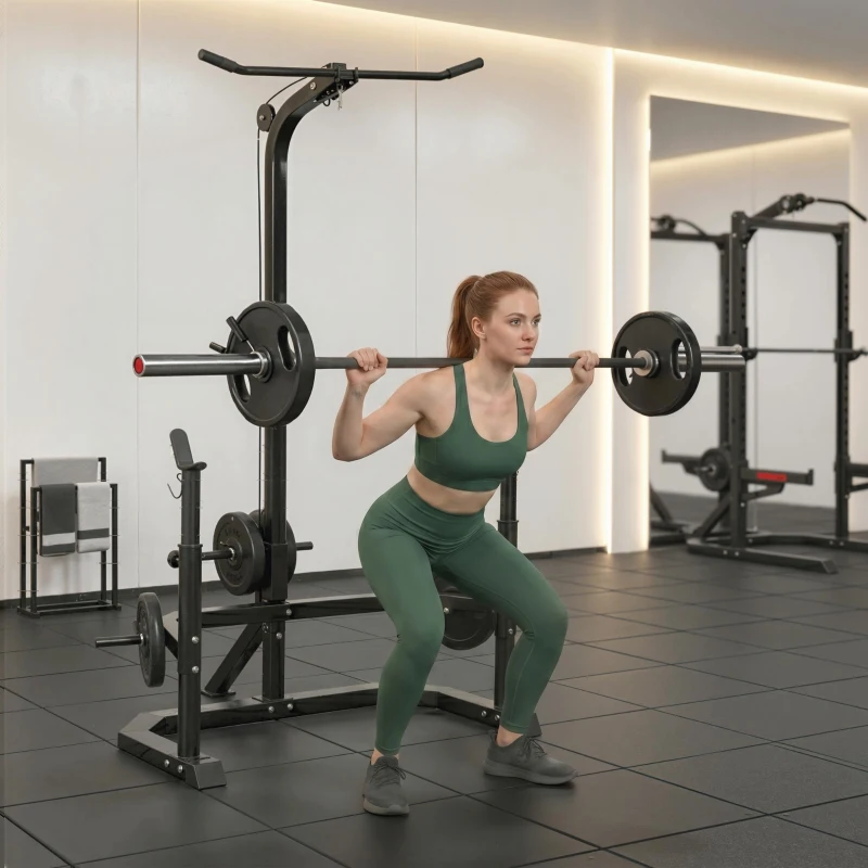 Soozier Multi-Function Home Gym Machine with Bench Press Rack, Squat Rack and Lat Pulldown System, Black