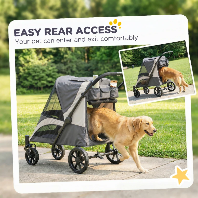 PawHut Foldable Pet Stroller for Large Dogs with Four Big Wheels, Shock-Absorbing Frame, Safety Leashes, Brakes, Dark Grey