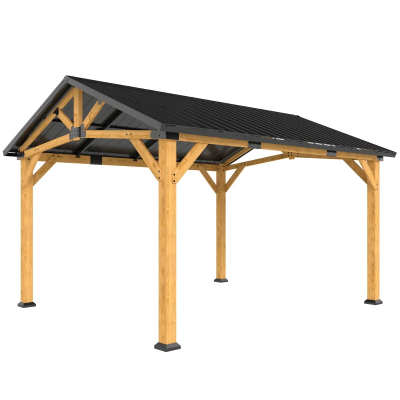 Outsunny 13' x 11' Hardtop Gazebo Canopy with Galvanised Metal Roof, Fir Wood Frame and Central Hook for Patio, Black Gray