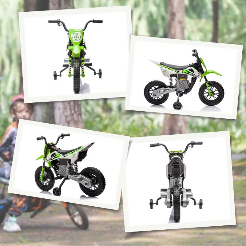 Qaba 12V Kids Dirt Bike, Electric Motorcycle with Twist Grip Throttle, Training Wheels, Rear Suspension & Music, Green