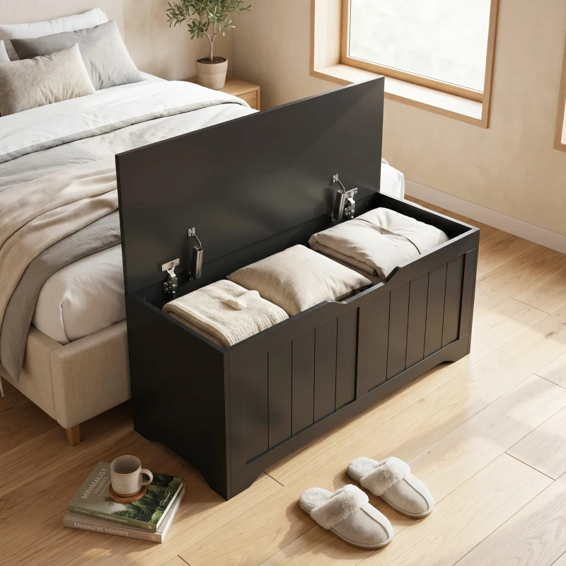 HOMCOM Storage Bench with Lift Top Storage Chest with Safety Hinges for Entryway, Living Room, Black